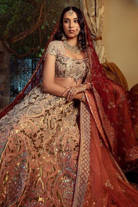 Buy Shashank Arya Gold Velvet, Net, Organza Embroidery, Zari, Floral Applique Bridal Lehenga Set Online at Aza Fashions Buy_Shashank Arya_Gold Velvet, Net, Organza Embroidery, Zari, Floral Applique Bridal Lehenga Set _Online_at_Aza_Fashions