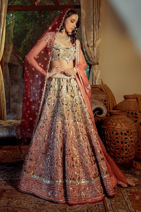 Shop Shashank Arya Gold Velvet, Net, Organza Embroidery, Zari, Floral Applique Bridal Lehenga Set Online at Aza Fashions Shop_Shashank Arya_Gold Velvet, Net, Organza Embroidery, Zari, Floral Applique Bridal Lehenga Set _Online_at_Aza_Fashions
