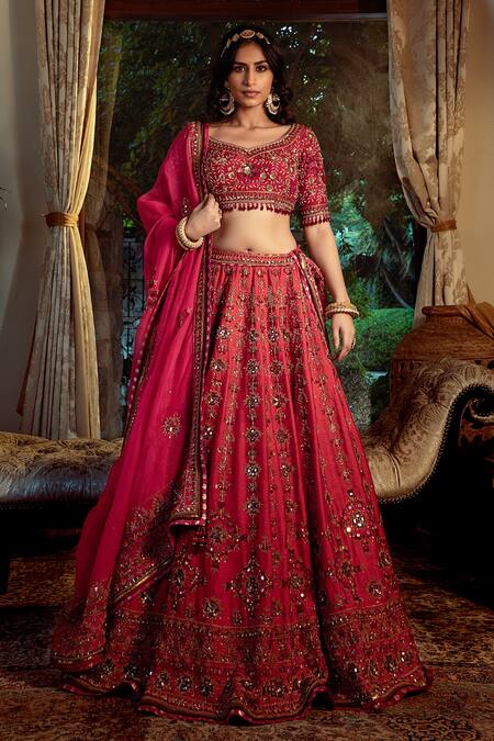 Shashank Arya_Red Silk, Organza, Net, Satin Beads, Floral Hand Embroidered Bridal Lehenga Set _Online_at_Aza_Fashions