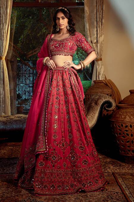 Buy_Shashank Arya_Red Silk, Organza, Net, Satin Beads, Floral Hand Embroidered Bridal Lehenga Set _Online_at_Aza_Fashions
