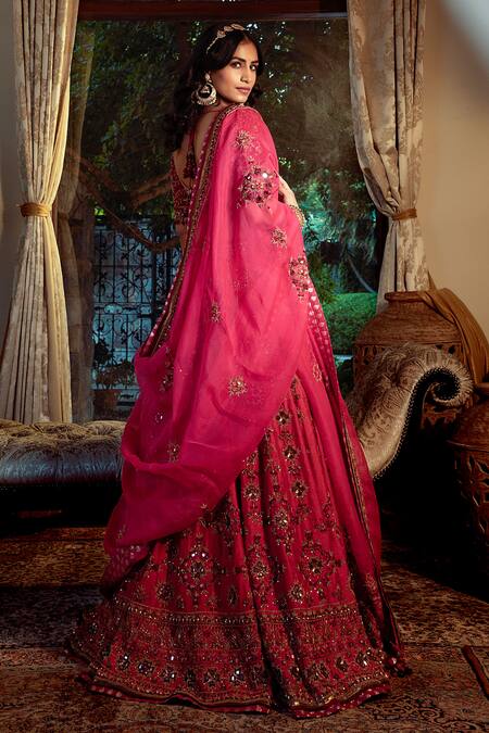 Shop_Shashank Arya_Red Silk, Organza, Net, Satin Beads, Floral Hand Embroidered Bridal Lehenga Set _Online_at_Aza_Fashions