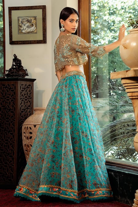 Shop Shashank Arya Mustard Organza, Satin, Net, Linen, Floral Printed Lehenga And Embellished Top Set at Aza Fashions Shop_Shashank Arya_Mustard Organza, Satin, Net, Linen, Floral Printed Lehenga And Embellished Top Set _at_Aza_Fashions