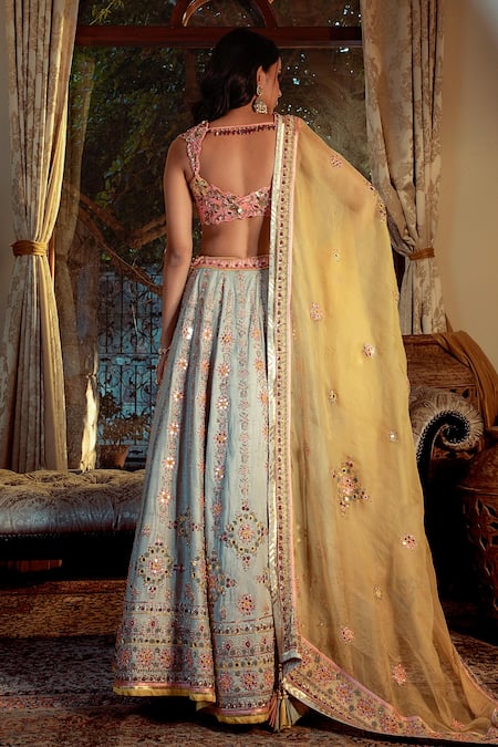 Shop Shashank Arya Blue Silk, Organza, Net, Satin, Linen Sequins, Flower Vine Hand Lehenga Set at Aza Fashions Shop_Shashank Arya_Blue Silk, Organza, Net, Satin, Linen Sequins, Flower Vine Hand Lehenga Set _at_Aza_Fashions