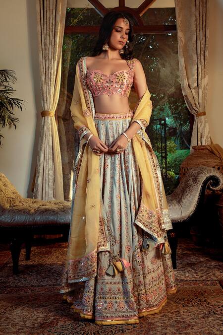 Shashank Arya Blue Silk, Organza, Net, Satin, Linen Sequins, Flower Vine Hand Lehenga Set Online at Aza Fashions Shashank Arya_Blue Silk, Organza, Net, Satin, Linen Sequins, Flower Vine Hand Lehenga Set _Online_at_Aza_Fashions