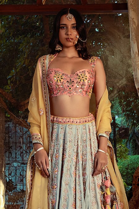 Buy Shashank Arya Blue Silk, Organza, Net, Satin, Linen Sequins, Flower Vine Hand Lehenga Set Online at Aza Fashions Buy_Shashank Arya_Blue Silk, Organza, Net, Satin, Linen Sequins, Flower Vine Hand Lehenga Set _Online_at_Aza_Fashions