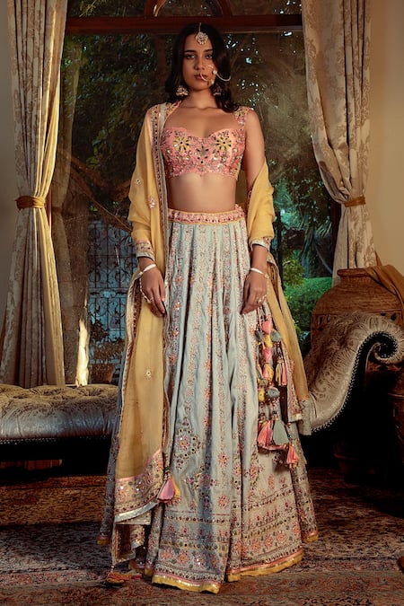 Shop Shashank Arya Blue Silk, Organza, Net, Satin, Linen Sequins, Flower Vine Hand Lehenga Set Online at Aza Fashions Shop_Shashank Arya_Blue Silk, Organza, Net, Satin, Linen Sequins, Flower Vine Hand Lehenga Set _Online_at_Aza_Fashions