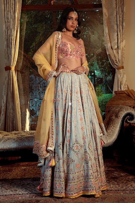 Shashank Arya Blue Silk, Organza, Net, Satin, Linen Sequins, Flower Vine Hand Lehenga Set at Aza Fashions Shashank Arya_Blue Silk, Organza, Net, Satin, Linen Sequins, Flower Vine Hand Lehenga Set _at_Aza_Fashions