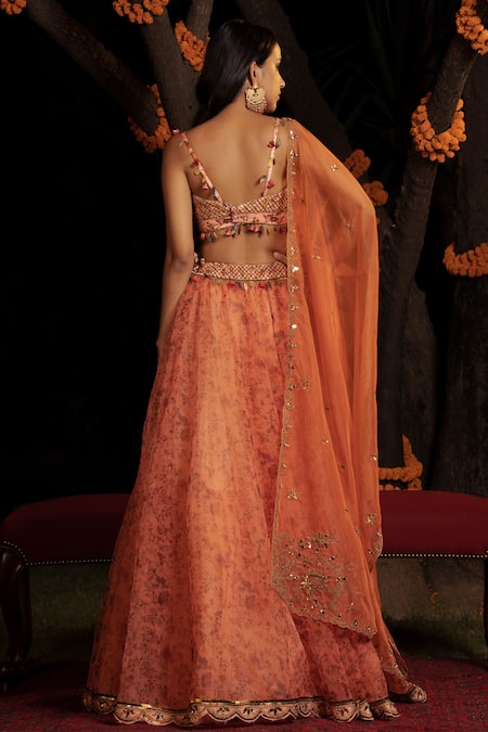 Shop Shashank Arya Peach Satin, Organza, Net Beads, Sequins, Flower Vine Print Lehenga Set at Aza Fashions Shop_Shashank Arya_Peach Satin, Organza, Net Beads, Sequins, Flower Vine Print Lehenga Set _at_Aza_Fashions