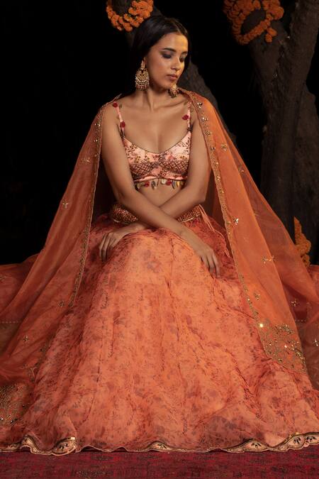 Shashank Arya Peach Satin, Organza, Net Beads, Sequins, Flower Vine Print Lehenga Set Online at Aza Fashions Shashank Arya_Peach Satin, Organza, Net Beads, Sequins, Flower Vine Print Lehenga Set _Online_at_Aza_Fashions