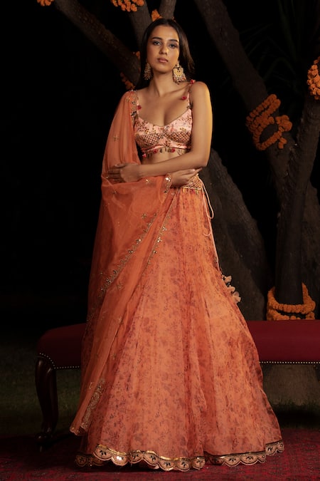 Buy Shashank Arya Peach Satin, Organza, Net Beads, Sequins, Flower Vine Print Lehenga Set Online at Aza Fashions Buy_Shashank Arya_Peach Satin, Organza, Net Beads, Sequins, Flower Vine Print Lehenga Set _Online_at_Aza_Fashions