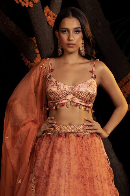 Shop Shashank Arya Peach Satin, Organza, Net Beads, Sequins, Flower Vine Print Lehenga Set Online at Aza Fashions Shop_Shashank Arya_Peach Satin, Organza, Net Beads, Sequins, Flower Vine Print Lehenga Set _Online_at_Aza_Fashions