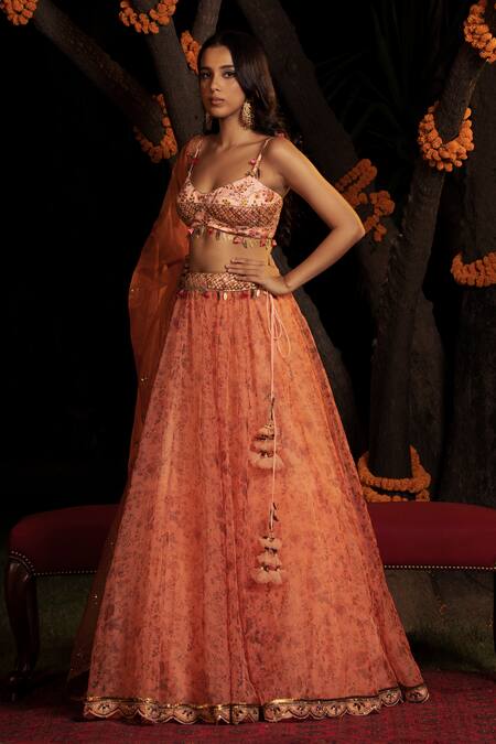 Shashank Arya Peach Satin, Organza, Net Beads, Sequins, Flower Vine Print Lehenga Set at Aza Fashions Shashank Arya_Peach Satin, Organza, Net Beads, Sequins, Flower Vine Print Lehenga Set _at_Aza_Fashions