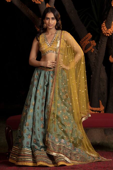 Buy_Shashank Arya_Mustard Silk, Brocade, Net Tassels, Cut Work, Sequins V-neck Floral Lehenga Set_Online_at_Aza_Fashions
