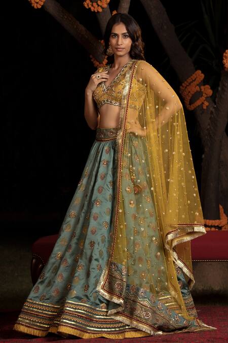 Shop_Shashank Arya_Mustard Silk, Brocade, Net Tassels, Cut Work, Sequins V-neck Floral Lehenga Set_Online_at_Aza_Fashions