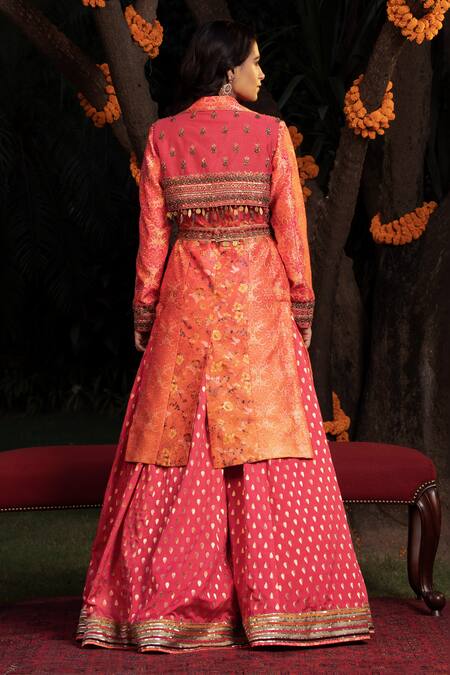 Shop Shashank Arya Orange Chanderi, Satin, Brocade, Net Floral Print Ombre Overcoat And Skirt Set at Aza Fashions Shop_Shashank Arya_Orange Chanderi, Satin, Brocade, Net Floral Print Ombre Overcoat And Skirt Set_at_Aza_Fashions