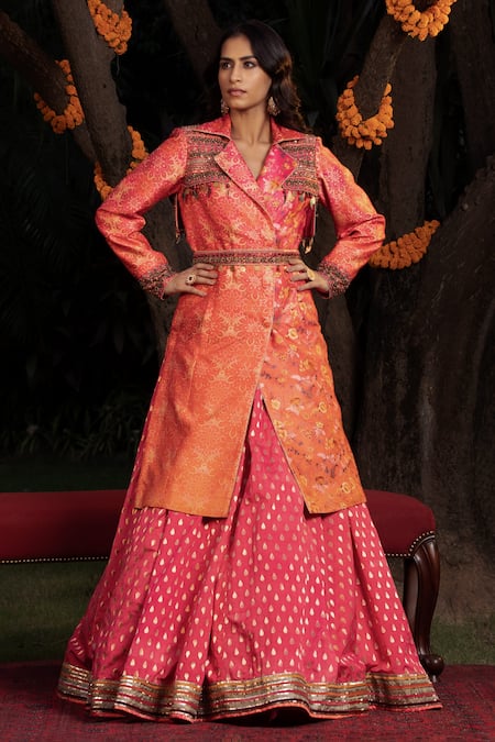 Shashank Arya Orange Chanderi, Satin, Brocade, Net Floral Print Ombre Overcoat And Skirt Set Online at Aza Fashions Shashank Arya_Orange Chanderi, Satin, Brocade, Net Floral Print Ombre Overcoat And Skirt Set_Online_at_Aza_Fashions