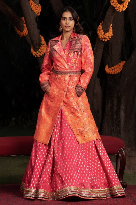 Buy Shashank Arya Orange Chanderi, Satin, Brocade, Net Floral Print Ombre Overcoat And Skirt Set Online at Aza Fashions Buy_Shashank Arya_Orange Chanderi, Satin, Brocade, Net Floral Print Ombre Overcoat And Skirt Set_Online_at_Aza_Fashions