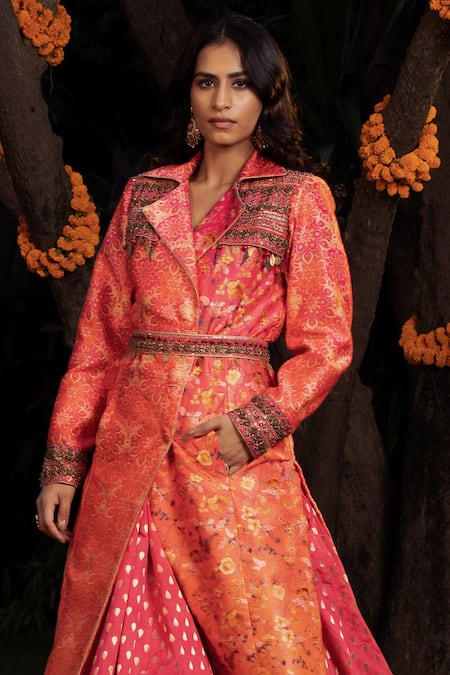 Shop Shashank Arya Orange Chanderi, Satin, Brocade, Net Floral Print Ombre Overcoat And Skirt Set Online at Aza Fashions Shop_Shashank Arya_Orange Chanderi, Satin, Brocade, Net Floral Print Ombre Overcoat And Skirt Set_Online_at_Aza_Fashions