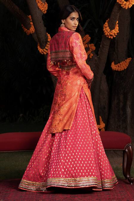 Shashank Arya Orange Chanderi, Satin, Brocade, Net Floral Print Ombre Overcoat And Skirt Set at Aza Fashions Shashank Arya_Orange Chanderi, Satin, Brocade, Net Floral Print Ombre Overcoat And Skirt Set_at_Aza_Fashions