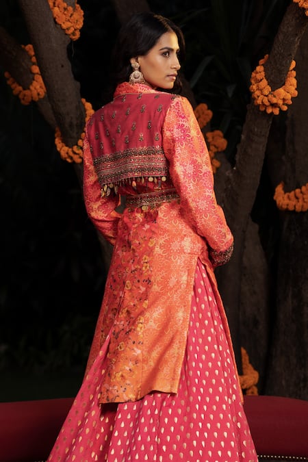 Buy Shashank Arya Orange Chanderi, Satin, Brocade, Net Floral Print Ombre Overcoat And Skirt Set Buy_Shashank Arya_Orange Chanderi, Satin, Brocade, Net Floral Print Ombre Overcoat And Skirt Set