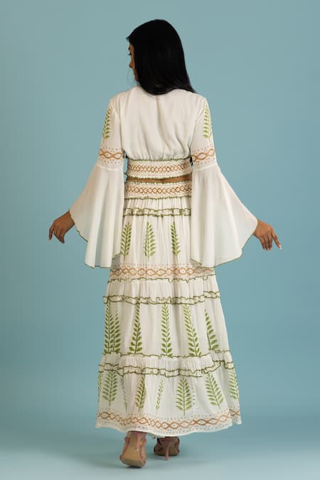 Shop Label Reyya Green Cotton, Rayon Sequins, Beads Thread Embroidered Ruffled Blouse With Skirt at Aza Fashions Shop_Label Reyya_Green Cotton, Rayon Sequins, Beads Thread Embroidered Ruffled Blouse With Skirt_at_Aza_Fashions