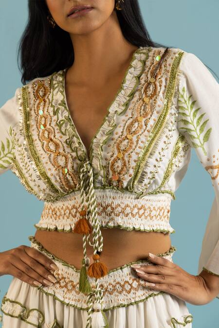 Label Reyya Green Cotton, Rayon Sequins, Beads Thread Embroidered Ruffled Blouse With Skirt Online at Aza Fashions Label Reyya_Green Cotton, Rayon Sequins, Beads Thread Embroidered Ruffled Blouse With Skirt_Online_at_Aza_Fashions