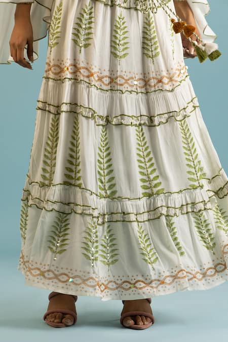 Buy Label Reyya Green Cotton, Rayon Sequins, Beads Thread Embroidered Ruffled Blouse With Skirt Online at Aza Fashions Buy_Label Reyya_Green Cotton, Rayon Sequins, Beads Thread Embroidered Ruffled Blouse With Skirt_Online_at_Aza_Fashions