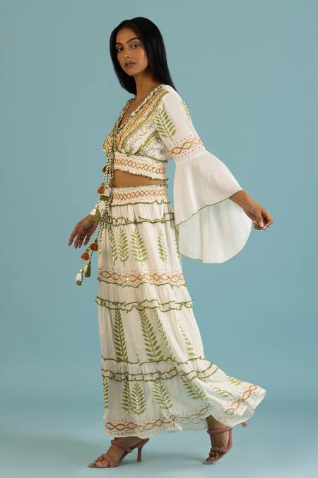 Shop Label Reyya Green Cotton, Rayon Sequins, Beads Thread Embroidered Ruffled Blouse With Skirt Online at Aza Fashions Shop_Label Reyya_Green Cotton, Rayon Sequins, Beads Thread Embroidered Ruffled Blouse With Skirt_Online_at_Aza_Fashions