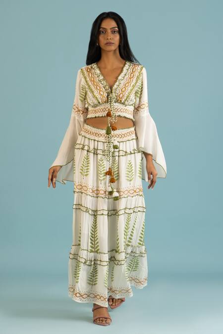 Label Reyya Green Cotton, Rayon Sequins, Beads Thread Embroidered Ruffled Blouse With Skirt at Aza Fashions Label Reyya_Green Cotton, Rayon Sequins, Beads Thread Embroidered Ruffled Blouse With Skirt_at_Aza_Fashions