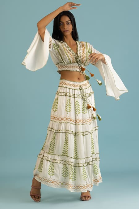 Buy Label Reyya Green Cotton, Rayon Sequins, Beads Thread Embroidered Ruffled Blouse With Skirt Buy_Label Reyya_Green Cotton, Rayon Sequins, Beads Thread Embroidered Ruffled Blouse With Skirt