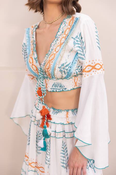 Buy Label Reyya Blue Cotton, Rayon Sequins, Beads, Thread And Ruffled Blouse With Skirt Online at Aza Fashions Buy_Label Reyya_Blue Cotton, Rayon Sequins, Beads, Thread And Ruffled Blouse With Skirt_Online_at_Aza_Fashions