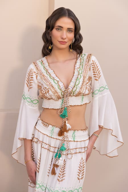 Buy_Label Reyya_Brown Cotton, Rayon Sequins, Boho Thread Embroidered Ruffled Blouse With Skirt _Online_at_Aza_Fashions