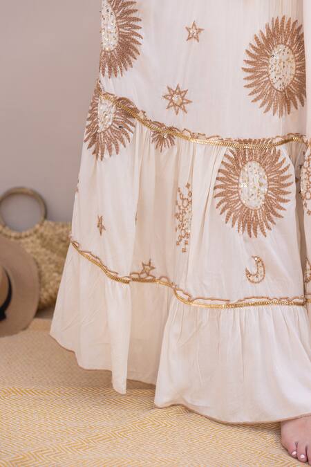 Buy Label Reyya Off White Cotton Sequins, Embroidery V-neck Moon Star Top And Skirt Set Online at Aza Fashions Buy_Label Reyya_Off White Cotton Sequins, Embroidery V-neck Moon Star Top And Skirt Set_Online_at_Aza_Fashions