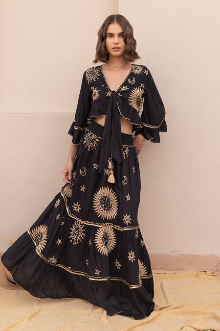 Label Reyya_Black Cotton Sequins, Embroidery V-neck Thread Front Tie Top With Skirt _Online_at_Aza_Fashions
