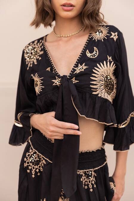 Shop_Label Reyya_Black Cotton Sequins, Embroidery V-neck Thread Front Tie Top With Skirt _Online_at_Aza_Fashions