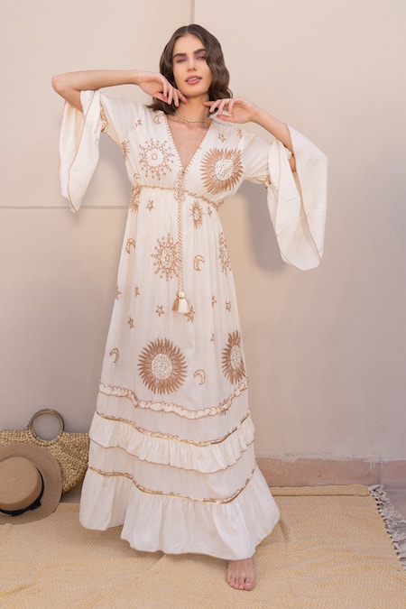 Label Reyya Off White Cotton Embroidered Thread V-neck Galaxy Tiered Gown 