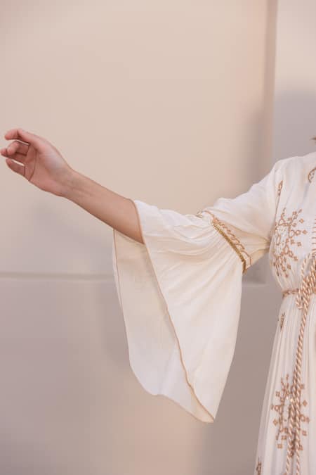 Shop Label Reyya Off White Cotton Sequins, Embroidery V-neck Galaxy Tiered Gown Online at Aza Fashions Shop_Label Reyya_Off White Cotton Sequins, Embroidery V-neck Galaxy Tiered Gown _Online_at_Aza_Fashions