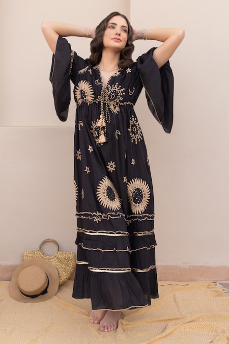 Label Reyya Black Cotton Sequins, Embroidery V-neck Tiered Galaxy Gown Online at Aza Fashions Label Reyya_Black Cotton Sequins, Embroidery V-neck Tiered Galaxy Gown _Online_at_Aza_Fashions