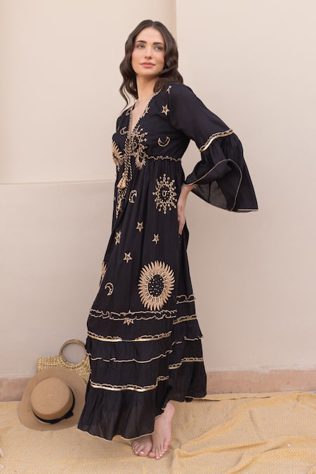 Buy Label Reyya Black Cotton Sequins, Embroidery V-neck Tiered Galaxy Gown Online at Aza Fashions Buy_Label Reyya_Black Cotton Sequins, Embroidery V-neck Tiered Galaxy Gown _Online_at_Aza_Fashions