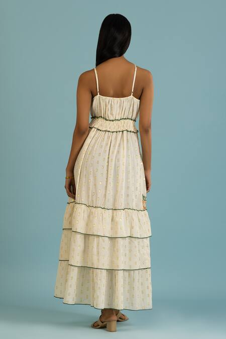 Shop Label Reyya White Cotton Embroidery, Sequins V-neck Floral Thread Gown at Aza Fashions Shop_Label Reyya_White Cotton Embroidery, Sequins V-neck Floral Thread Gown_at_Aza_Fashions