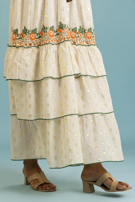 Buy Label Reyya White Cotton Embroidery, Sequins V-neck Floral Thread Gown Buy_Label Reyya_White Cotton Embroidery, Sequins V-neck Floral Thread Gown