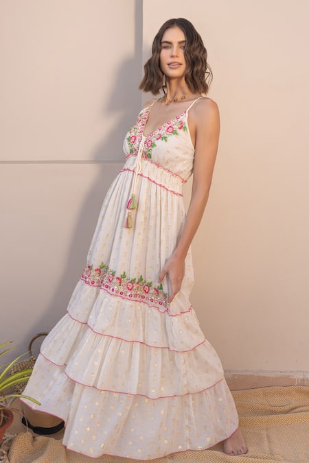 Label Reyya_White Cotton Embroidery, Sequins V-neck Floral Thread Tiered Gown_Online_at_Aza_Fashions