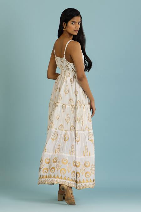 Shop Label Reyya Off White Cotton Beads, Embroidery V-neck Floral Block Print Tiered Gown Online at Aza Fashions Shop_Label Reyya_Off White Cotton Beads, Embroidery V-neck Floral Block Print Tiered Gown _Online_at_Aza_Fashions