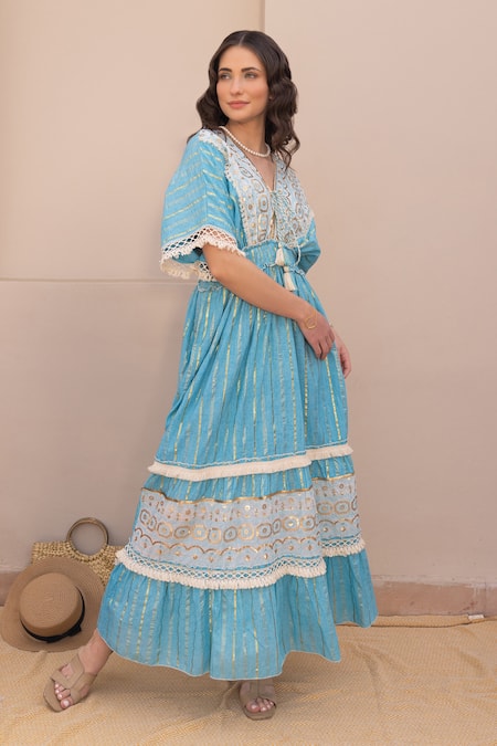 Buy_Label Reyya_Blue Cotton Lurex Embellished Sequins V-neck Stripe Pattern Tiered Kaftan _Online_at_Aza_Fashions