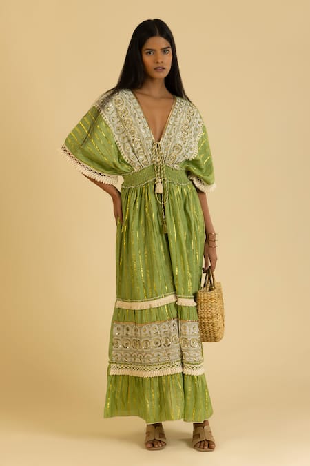 Label Reyya Green Cotton Lurex Embellished Sequins V-neck Stripe Pattern Kaftan 