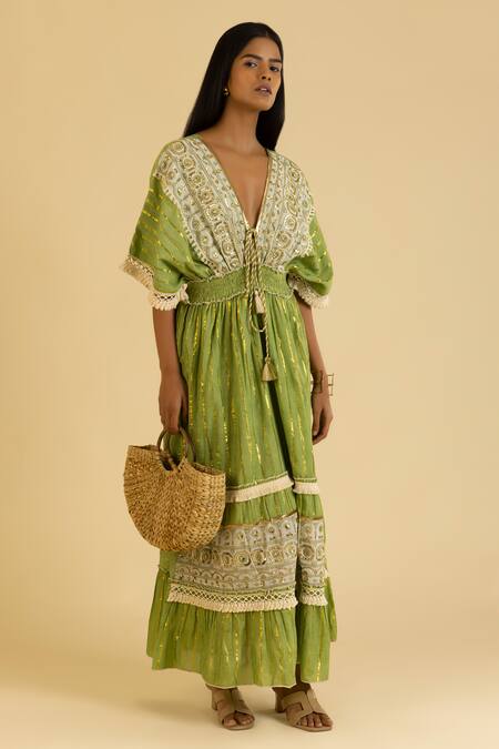 Label Reyya_Green Cotton, Lurex Sequins, Lace V-neck Stripe Pattern Embellished Kaftan _Online_at_Aza_Fashions