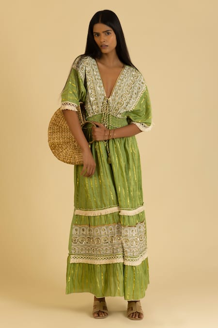 Buy_Label Reyya_Green Cotton, Lurex Sequins, Lace V-neck Stripe Pattern Embellished Kaftan _Online_at_Aza_Fashions