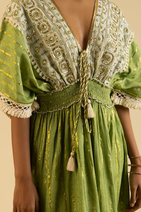 Shop_Label Reyya_Green Cotton, Lurex Sequins, Lace V-neck Stripe Pattern Embellished Kaftan _Online_at_Aza_Fashions