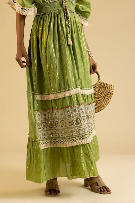 Label Reyya_Green Cotton, Lurex Sequins, Lace V-neck Stripe Pattern Embellished Kaftan _at_Aza_Fashions