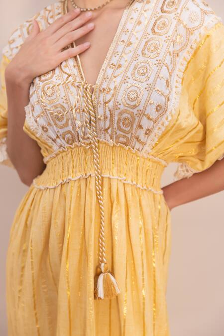 Buy_Label Reyya_Yellow Cotton Lurex Embellished Sequins V-neck Yoke Kaftan _Online_at_Aza_Fashions